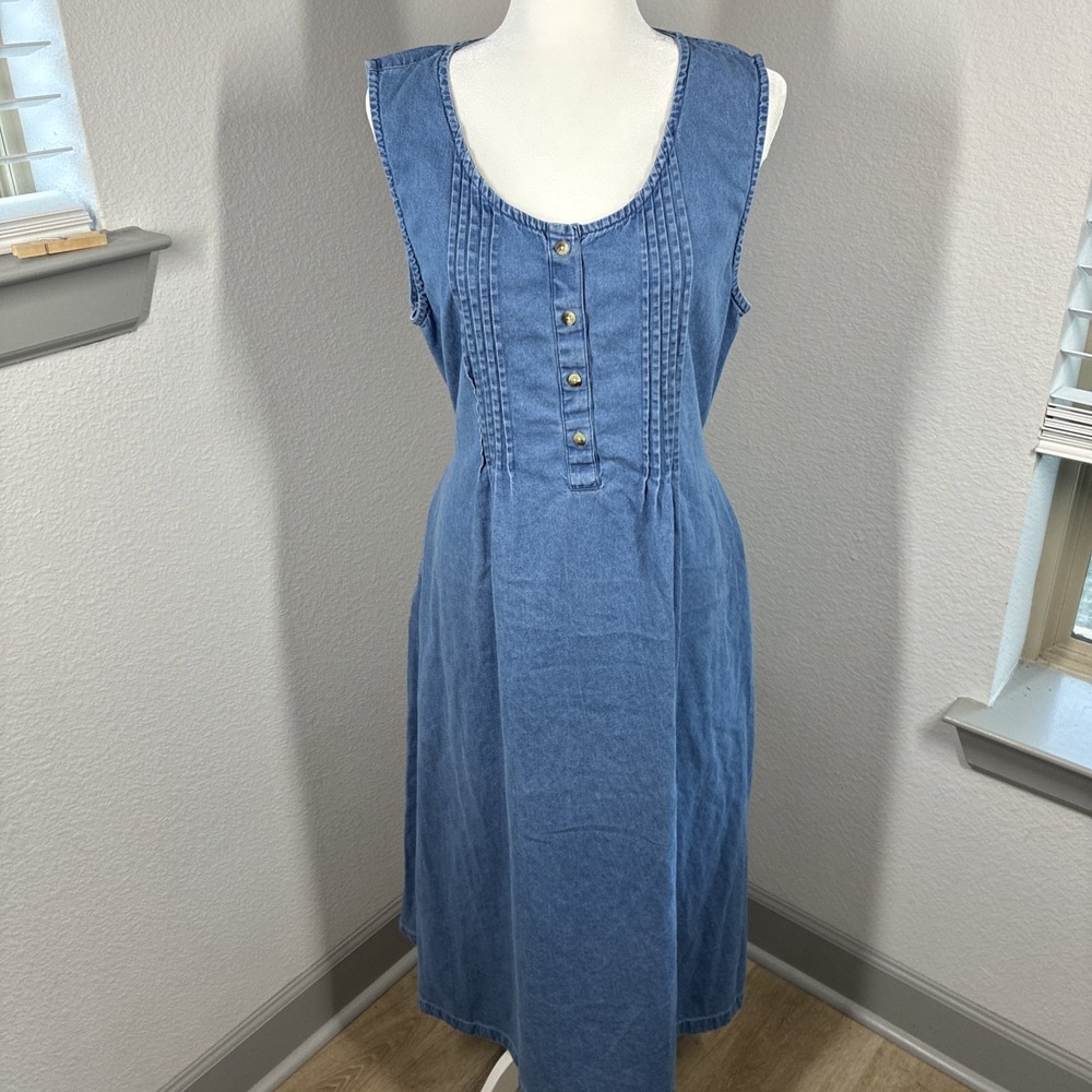 Vermont Country Store Womens Denim Dress Pintuck Henley Midi M Blue Cottagecore